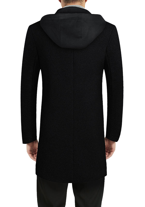 Men’s Black Slim Fit hooded Wool Overcoat