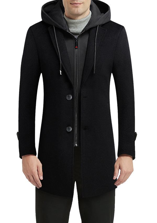 Men’s Black Slim Fit hooded Wool Overcoat