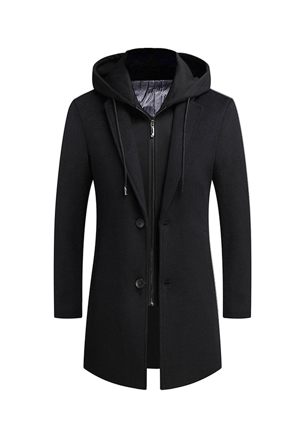Men’s Black Slim Fit hooded Wool Overcoat