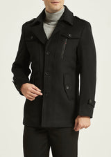 Men's Black Slim Fit Wool Peacoat Jacket with Removable Scarf