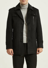 Men's Black Slim Fit Wool Peacoat Jacket with Removable Scarf
