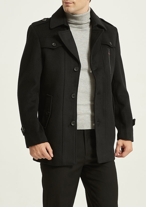 Men's Black Slim Fit Wool Peacoat Jacket with Removable Scarf