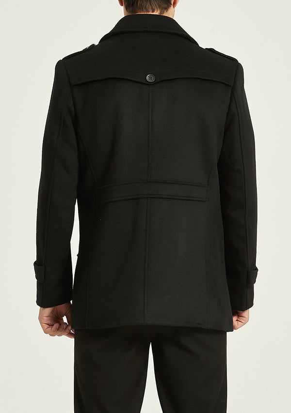 Men's Black Slim Fit Wool Peacoat Jacket with Removable Scarf