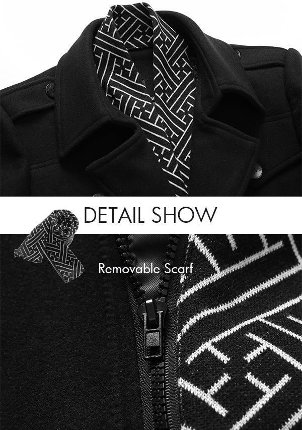 Men's Black Wool Peacoat Jacket with Removable Scarf