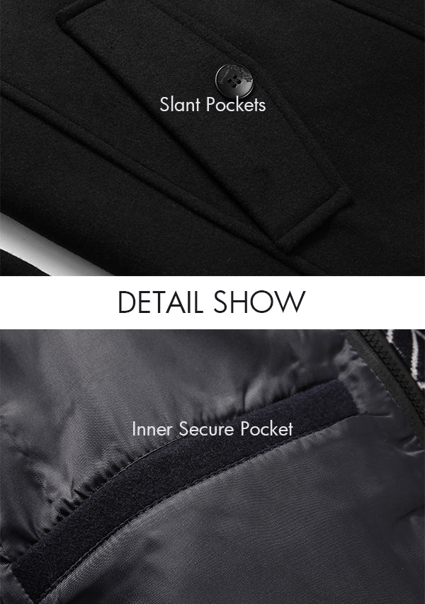 Men's Black Wool Peacoat Jacket with Removable Scarf