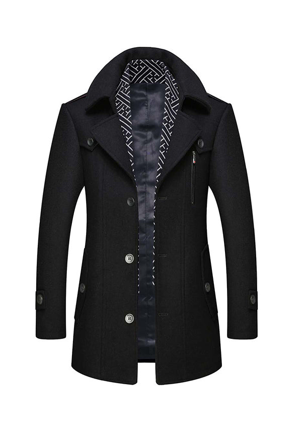 Men's Black Wool Peacoat Jacket with Removable Scarf
