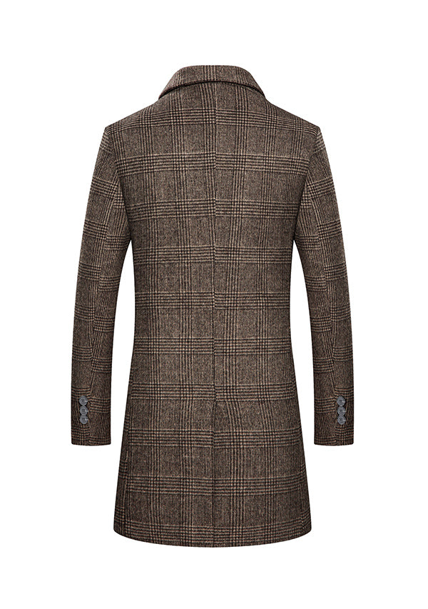 Men's Brown Single-breasted Houndstooth Wool Overcoat