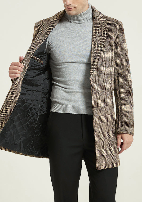 Men's Brown Houndstooth Single-breasted Wool Overcoat