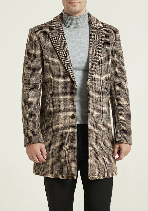 Men's Brown Houndstooth Single-breasted Wool Overcoat