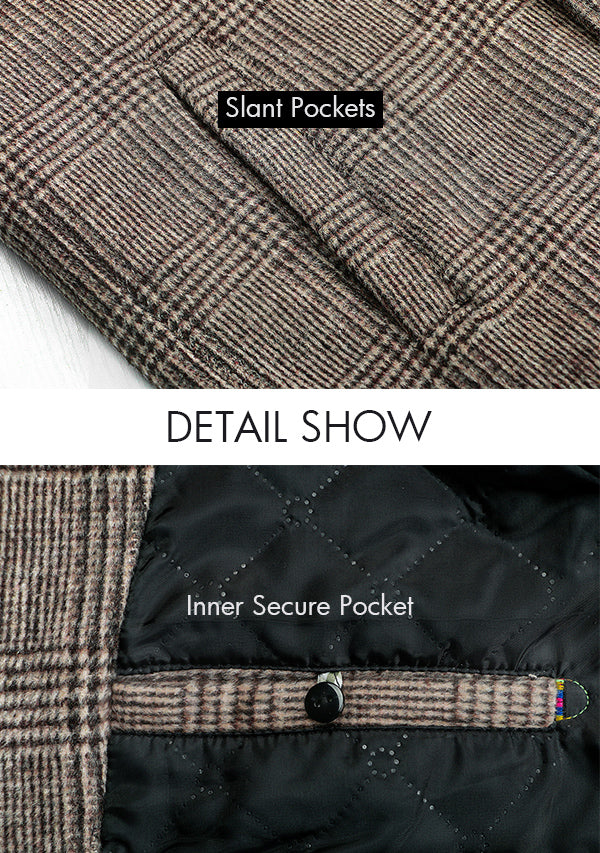 Men's Brown Single-breasted Houndstooth Wool Overcoat