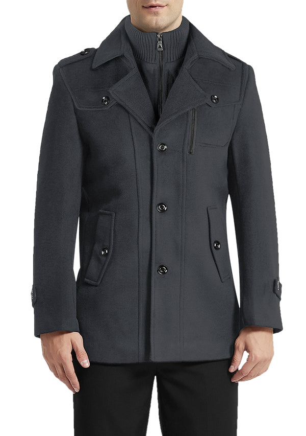 Men's Grey Single-breasted Wool Peacoat Jacket