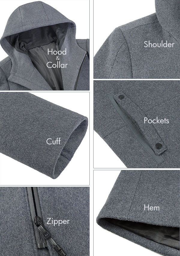 Men's Grey Zipper Hooded Wool Peacoat