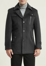 Men's Grey Slim Fit Wool Peacoat Jacket with Removable Scarf