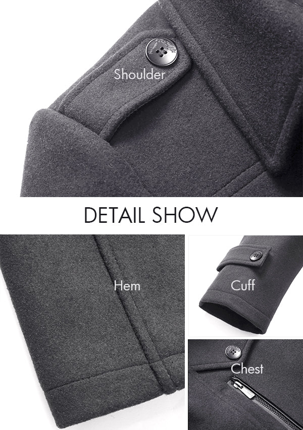 Men's Grey Wool Peacoat Jacket with Removable Scarf