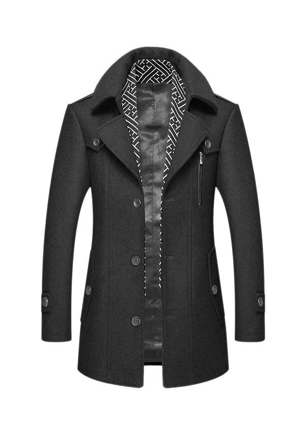 Men's Grey Wool Peacoat Jacket with Removable Scarf