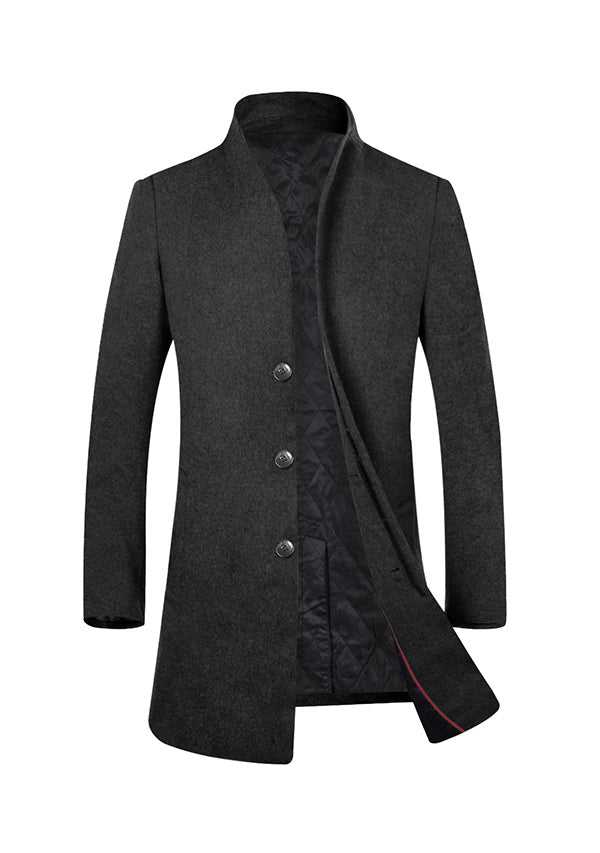 Men's Black Stand Collar Wool Overcoat