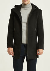 Men's Black Zipper Hooded Wool Peacoat Jacket