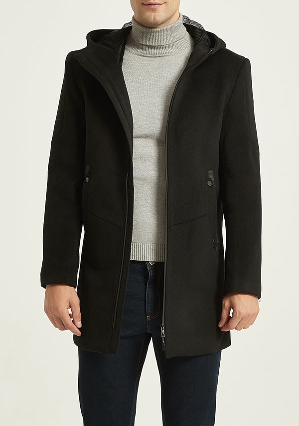 Men's Black Zipper Hooded Wool Peacoat Jacket