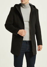 Men's Black Zipper Hooded Wool Peacoat Jacket