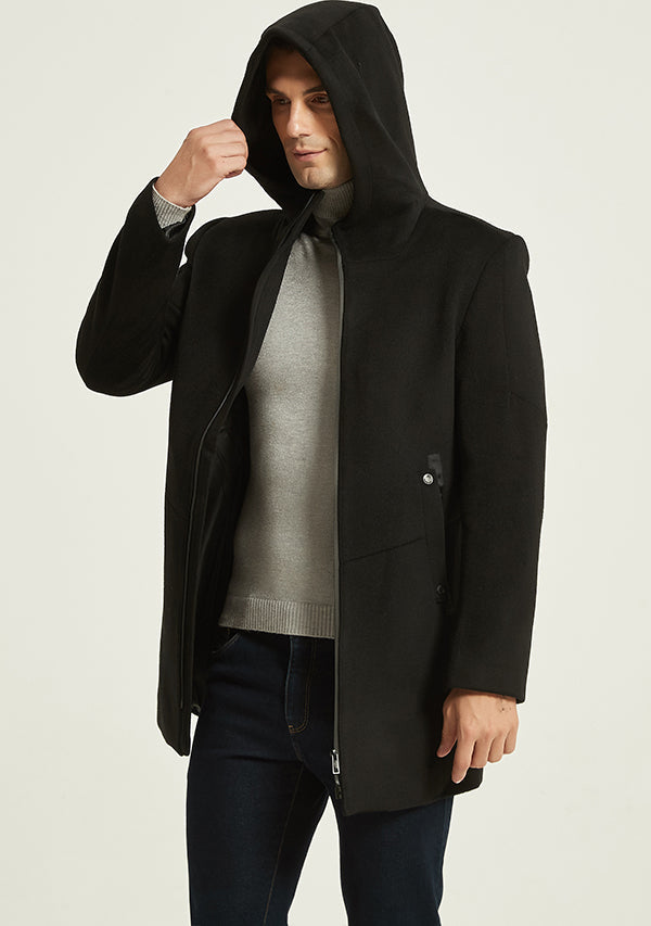 Men's Black Zipper Hooded Wool Peacoat Jacket