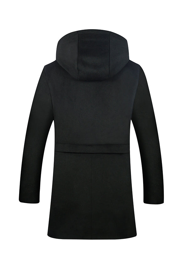 Men's Black Zipper Hooded Wool Peacoat Jacket
