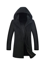 Men's Black Zipper Hooded Wool Peacoat Jacket